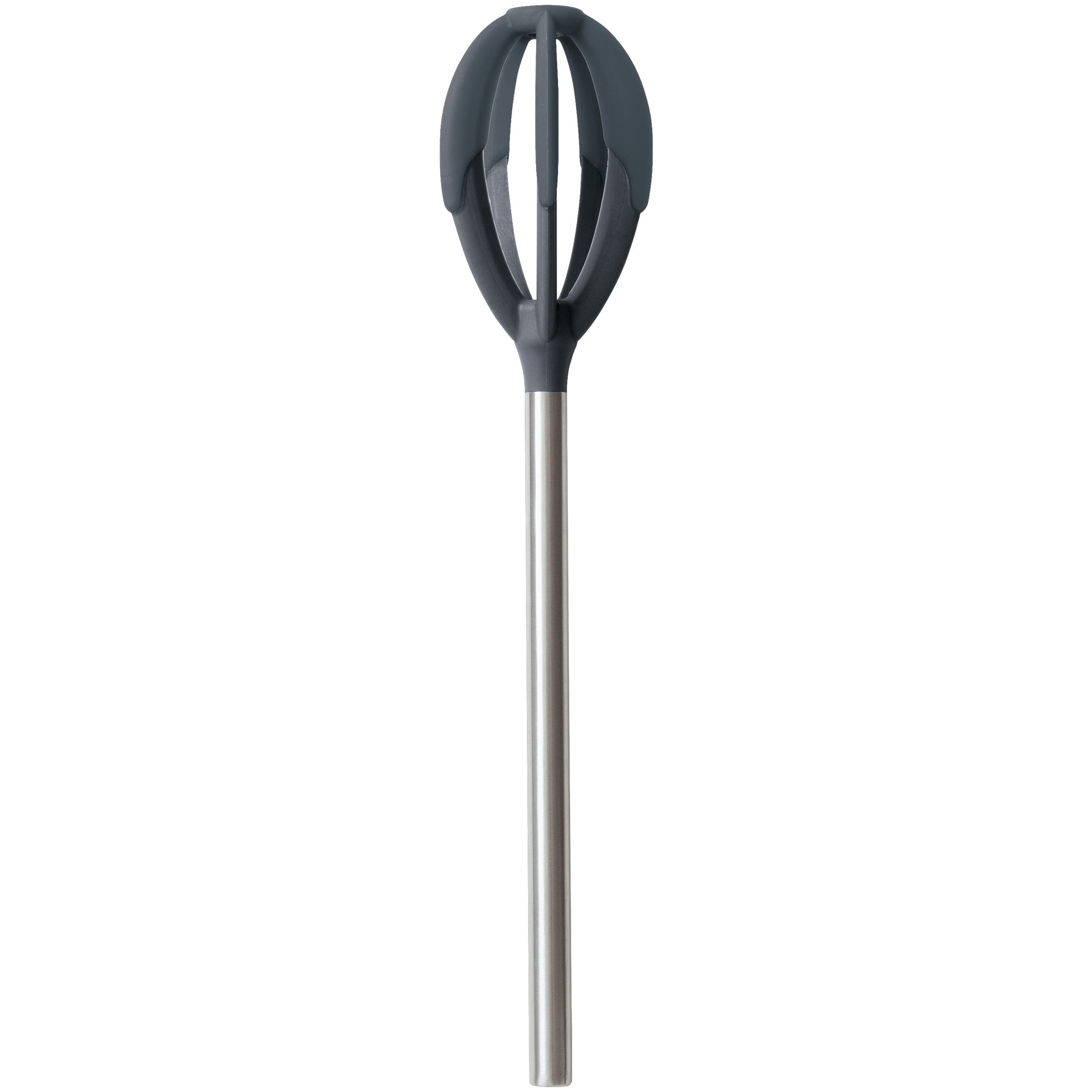 The Better Batter Tool is a heat-resistant spatula featuring a long stainless steel handle and a dark gray, rounded silicone head, ideal for stirring or whisking ingredients.