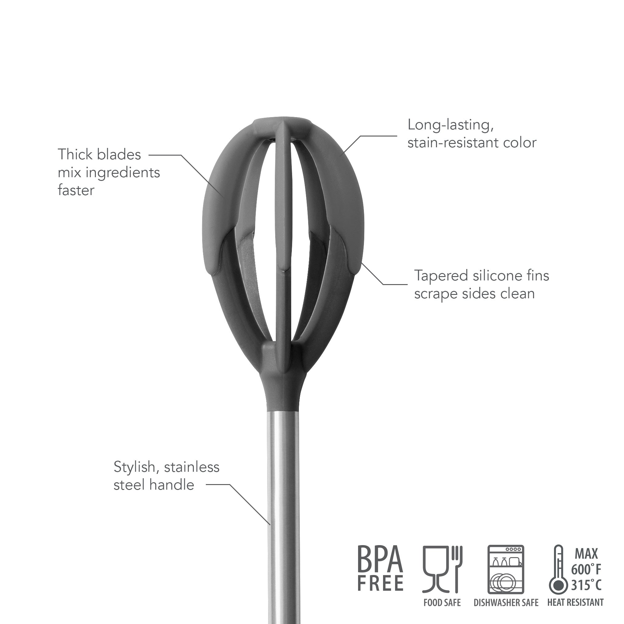 The Better Batter Tool features thick black silicone blades, a stainless steel handle, and is stain-resistant, BPA-free, food safe, dishwasher safe, with tapered fins and heat resistance up to 600°F/315°C.