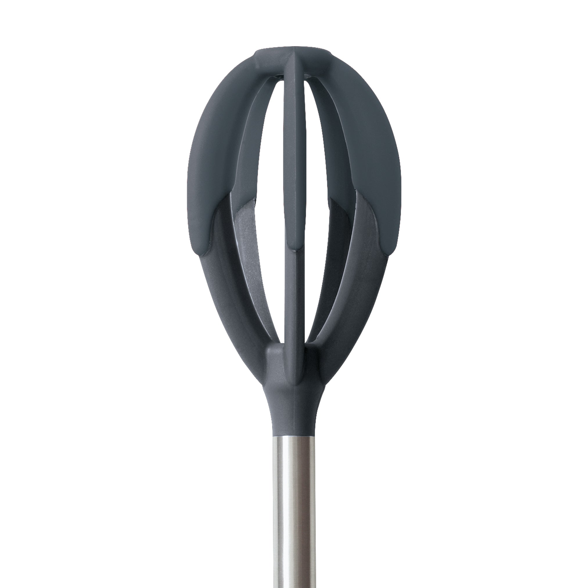 A close-up of the Better Batter Tool—a modern whisk with dark gray, oval silicone blades and a stainless steel handle—appears against a white background, ideal for mixing batters.