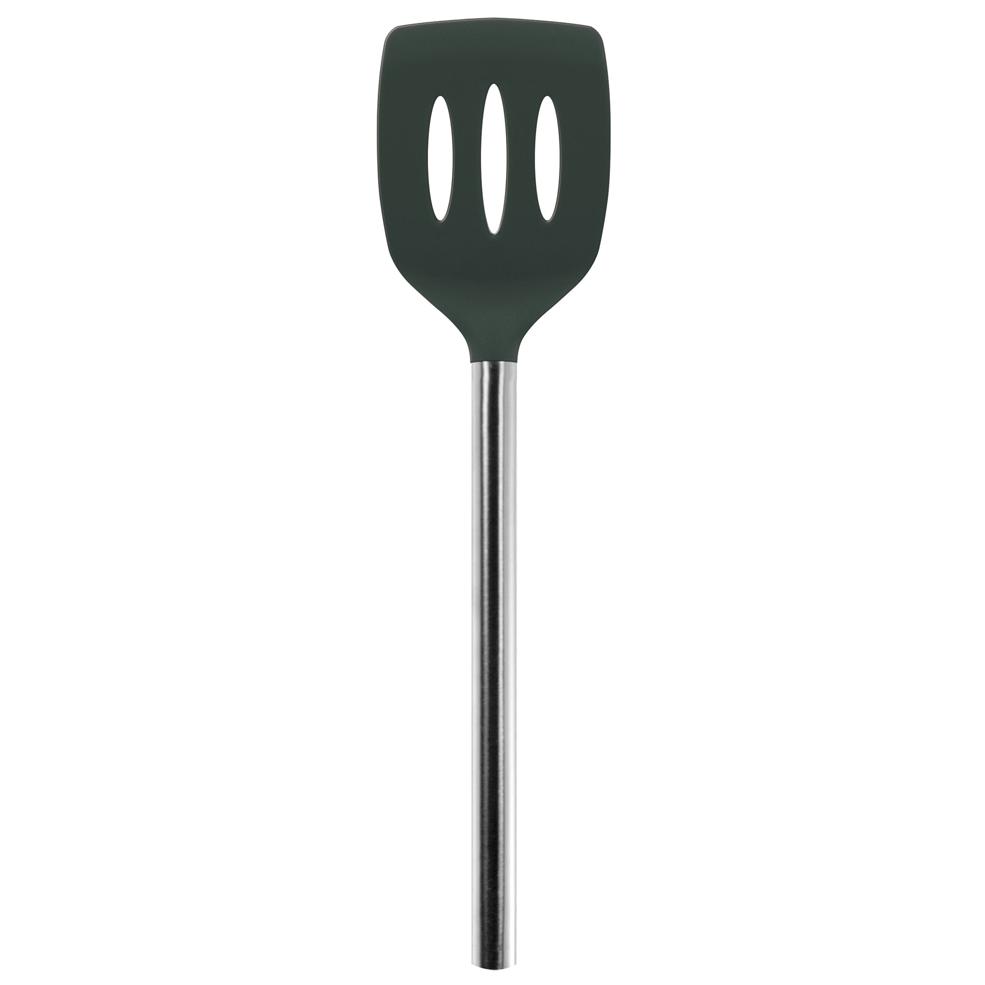 The Silicone Slotted Turner features a black silicone head with three oval slots and a silver metal handle. Nonstick-safe for effortless cooking and easy cleanup. Shown against a white background.