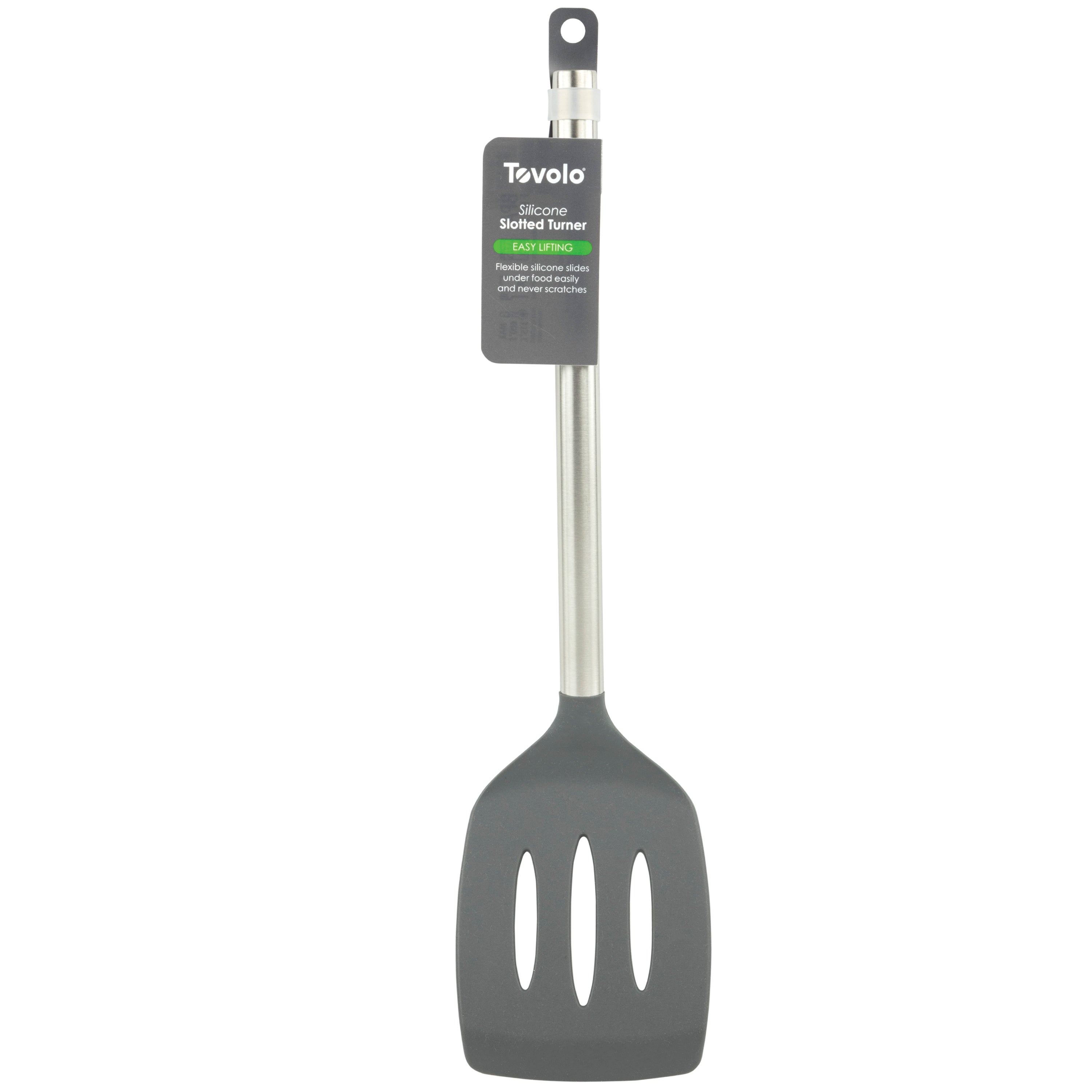 A black Silicone Slotted Turner with a stainless steel handle, hanging hole, and nonstick-safe slotted head. Includes a product tag labeled Tevolo Silicone Slotted Turner.