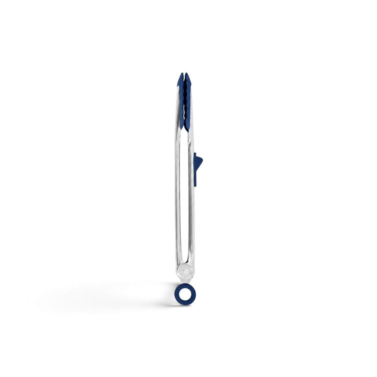 Tovolo Tip Top Tongs in blue and stainless steel with a locking mechanism and heat-resistant silicone tips.