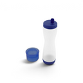 The Pancake Pen 2.0 is a white plastic dispenser with blue accents, a flip-top spout, and a detachable blue screw-on lid—ideal for making creative pancake shapes.
