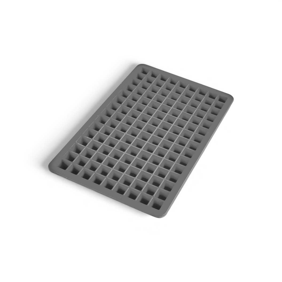 The Mini Ice Mold is a gray silicone tray with a rectangular shape and a grid of small square compartments, perfect for making mini ice cubes to chill drinks quickly.
