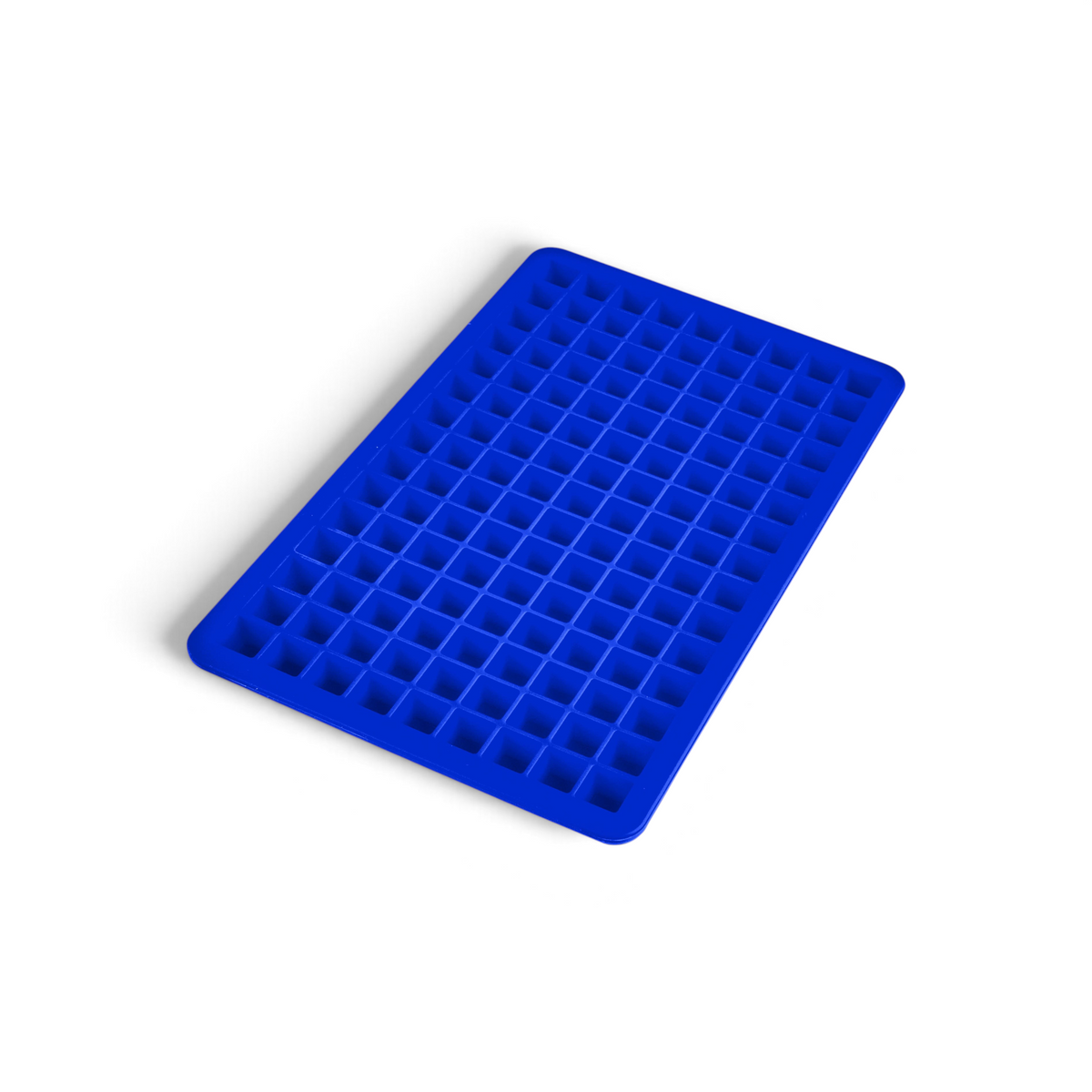 The Mini Ice Mold is a blue tray with small square compartments, ideal for making mini ice cubes to chill drinks fast. Shown angled on a white background.