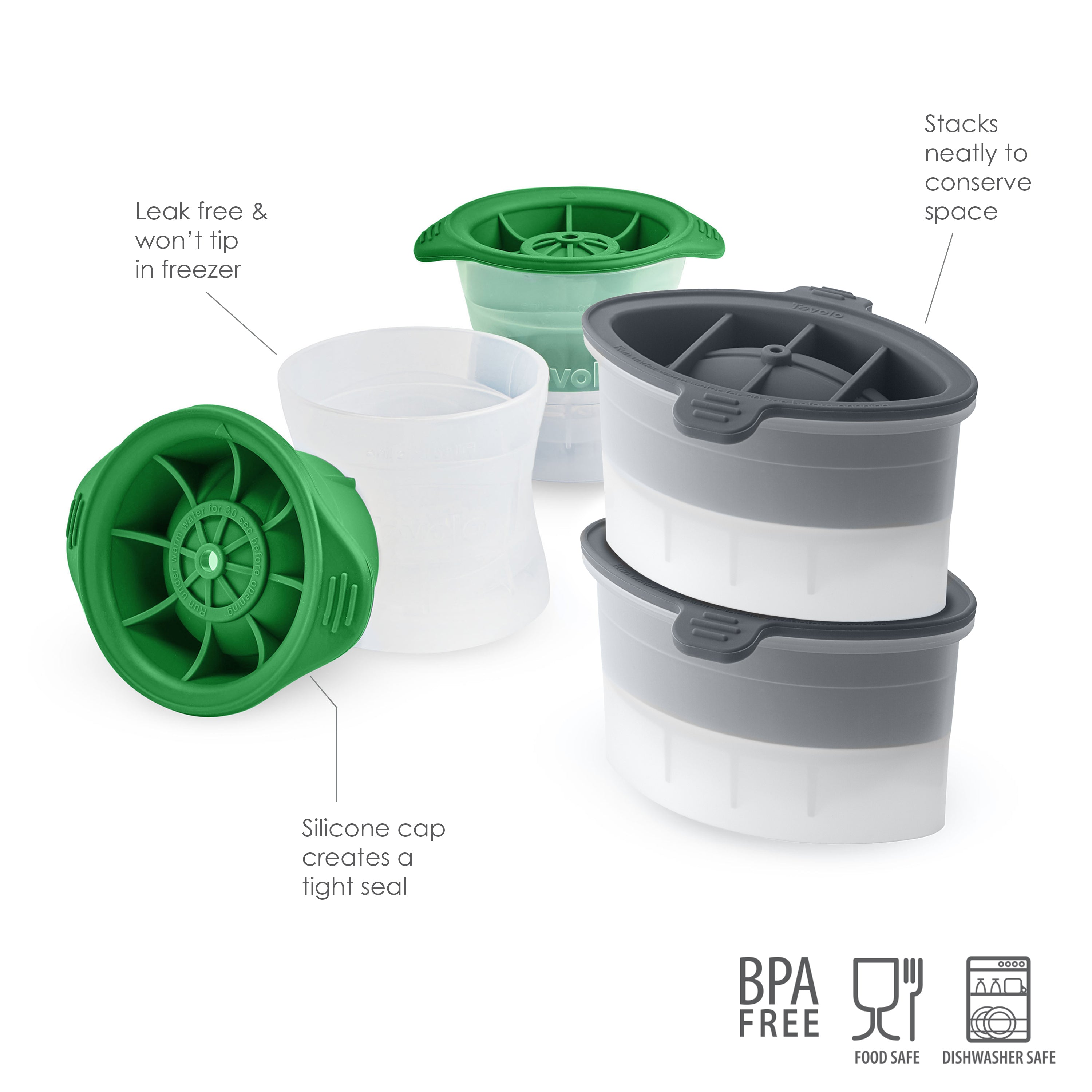 The tovolo Golf and Football Sports Ice Molds (Set of 4) are shown with green silicone lids and grey bodies. One container is open, showing the tight-seal cap. BPA free, food safe, and dishwasher safe icons are displayed.