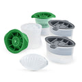 The tovolo Golf and Football Sports Ice Molds (Set of 4) include two green/translucent round molds and two gray/white football-shaped molds, with a clear football-shaped ice cube displayed in front.