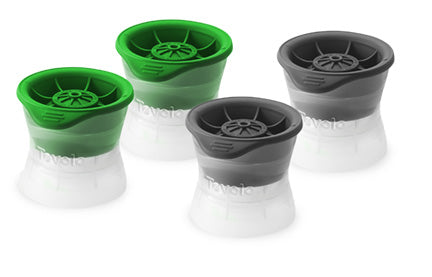 The tovolo Golf and Tennis Sports Ice Molds (Set of 4) feature two green and two black molds, each with a conical clear base and round, ridged top, arranged in pairs on a white background.