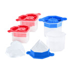 Four Tovolo Heart and Diamond Ice Molds—two red, two blue—with lids off are shown. In front, clear heart and diamond ice shapes highlight the set’s creative designs.