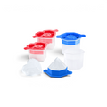 Four Tovolo Heart and Diamond Ice Molds—two red, two blue—with lids off are shown. In front, clear heart and diamond ice shapes highlight the set’s creative designs.