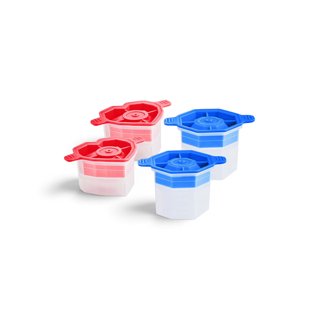 The tovolo Heart and Diamond Ice Molds (Set of 4) includes two molds with red lids and two with blue, each featuring a translucent base, octagonal lid with handles, and central spout—perfect for making craft ice at home.