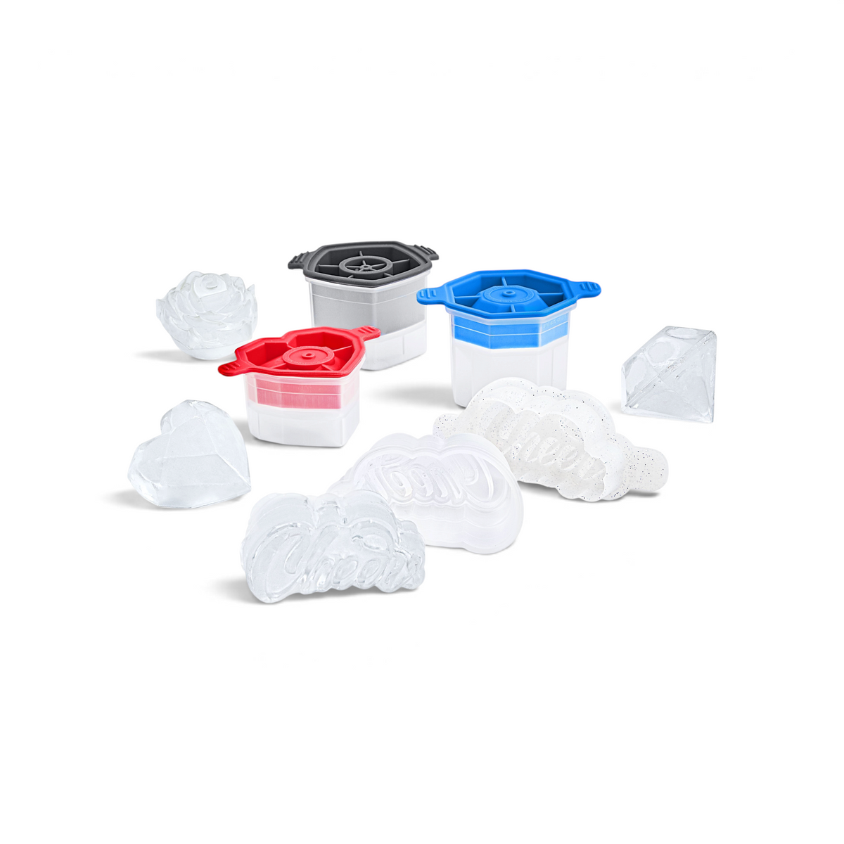 The tovolo Hearts and Diamonds Ice Mold (Set of 4) features silicone molds in rose, heart, diamond, and cloud shapes with matching ice pieces and blue, red, and gray lids shown on a white background.