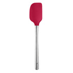 The Flex-Core Spatula, featuring a red silicone head and stainless steel handle, is displayed against a white background.