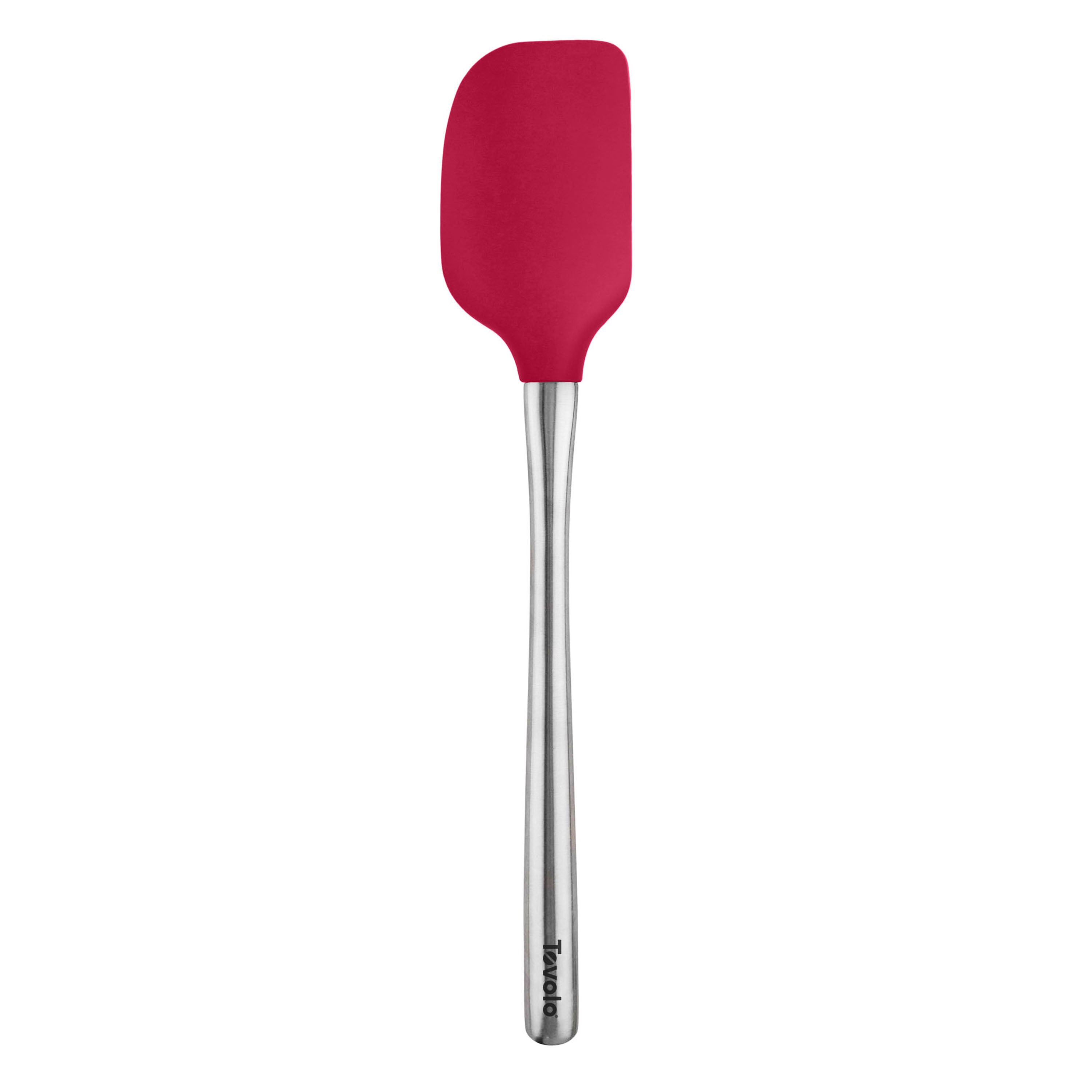 The Flex-Core Spatula, featuring a red silicone head and stainless steel handle, is displayed against a white background.