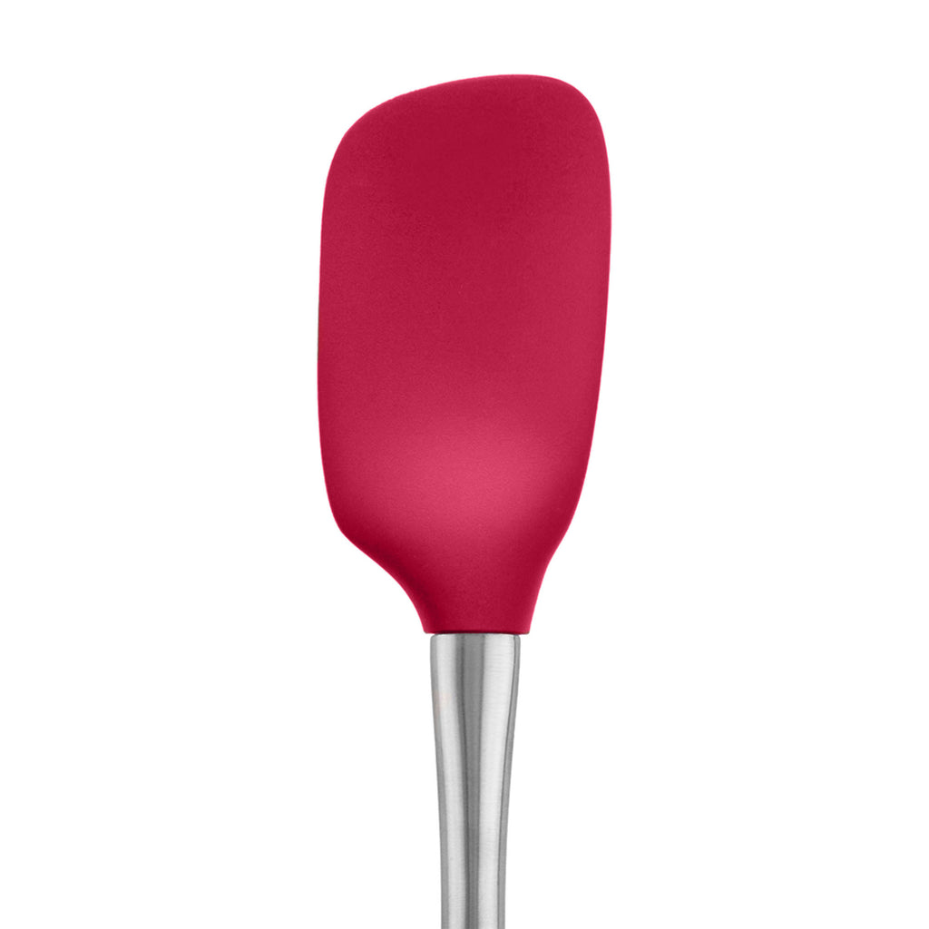 The tovolo Flex-Core Silicone and Stainless Steel Spoonula in red features a sleek stainless steel handle, displayed against a white background.