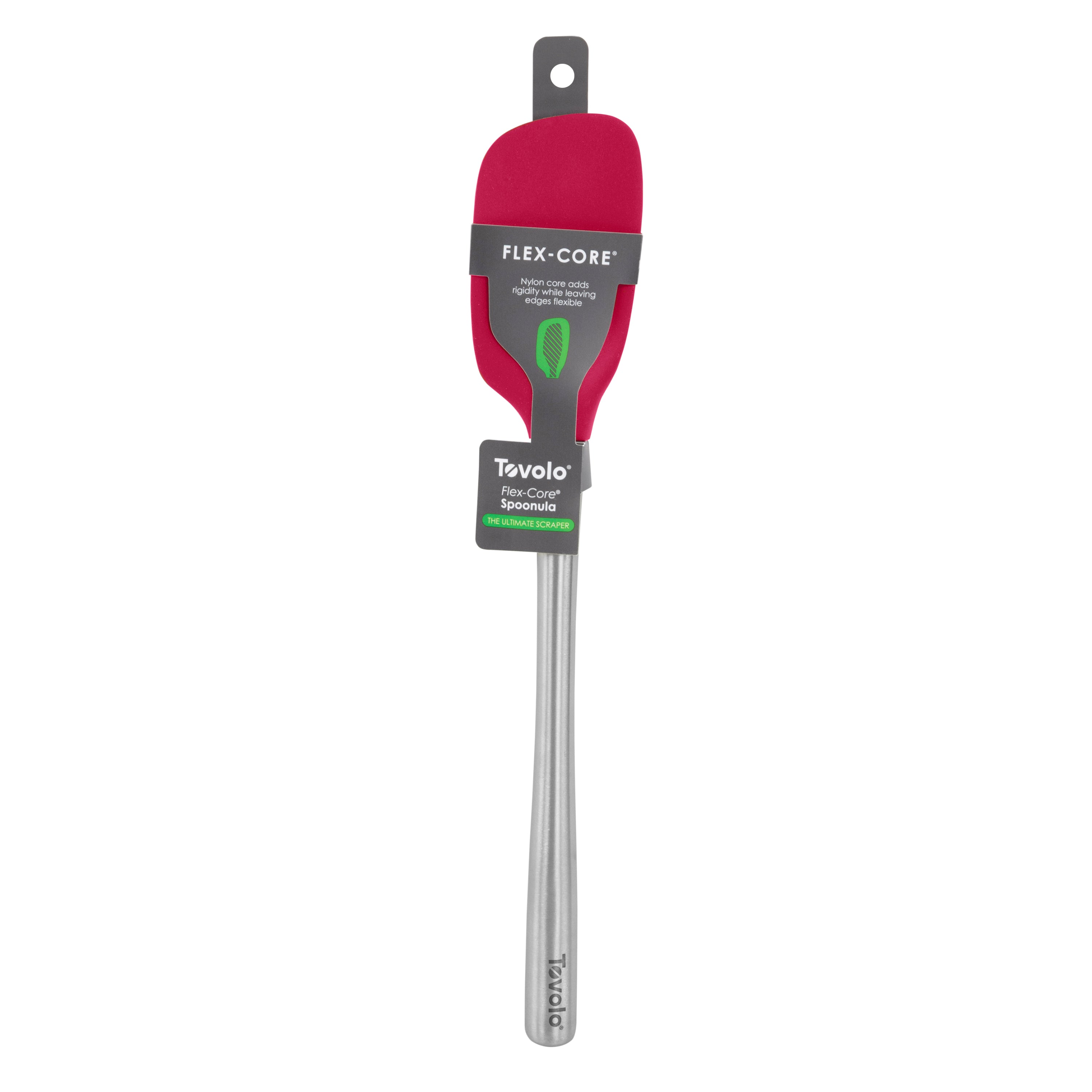 The tovolo Flex-Core Silicone and Stainless Steel Spoonula in red is shown in its packaging against a white background.