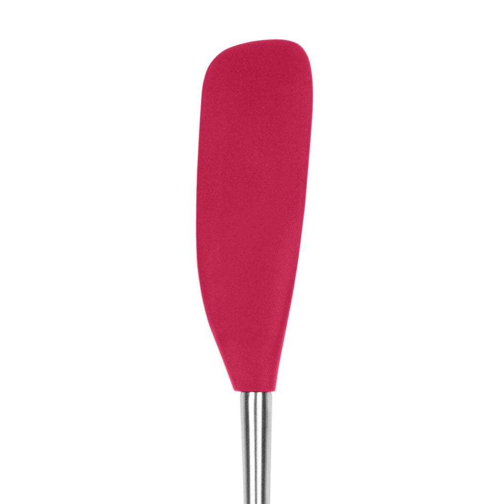 The tovolo Flex-Core Silicone and Stainless Steel Jar Scraper, featuring a red flat, slightly curved silicone blade and stainless steel handle, is displayed against a plain white background.