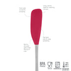 The tovolo Flex-Core Silicone and Stainless Steel Jar Scraper has a curved front for scooping, narrow head for jars, flat back for spreading, and built-in shoulder—all BPA free, food safe, dishwasher safe, and heat resistant.