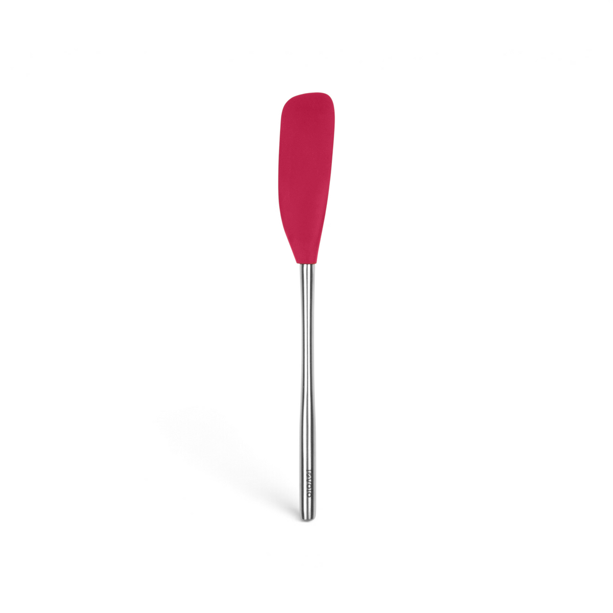 The tovolo Flex-Core Silicone and Stainless Steel Jar Scraper features a red silicone head with a long, slender stainless steel handle, ideal for scraping jars and shown against a white background.