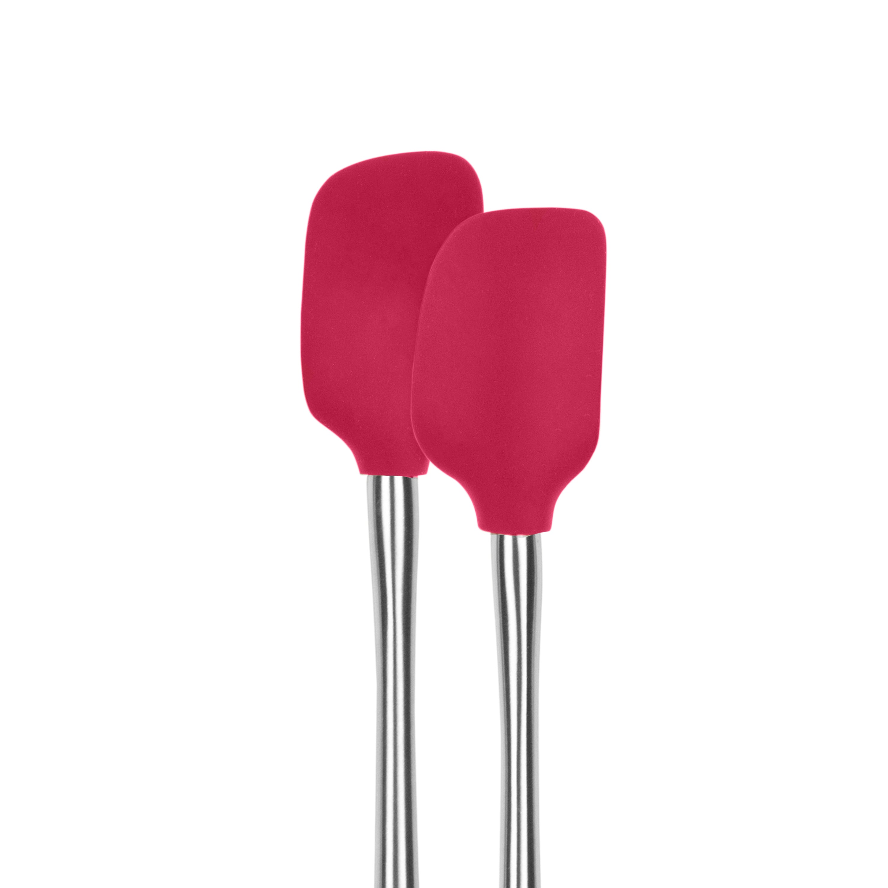 Two red tovolo Flex-Core Mini Spatula and Spoonula, each with a stainless steel handle, stand upright against a white background.