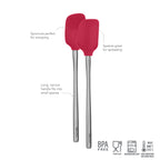The tovolo Flex-Core Mini Spatula + Spoonula with Stainless Steel Handle features red silicone tools, BPA free, food safe, dishwasher safe, and heat resistant up to 600°F—ideal for scooping and spreading in the kitchen.