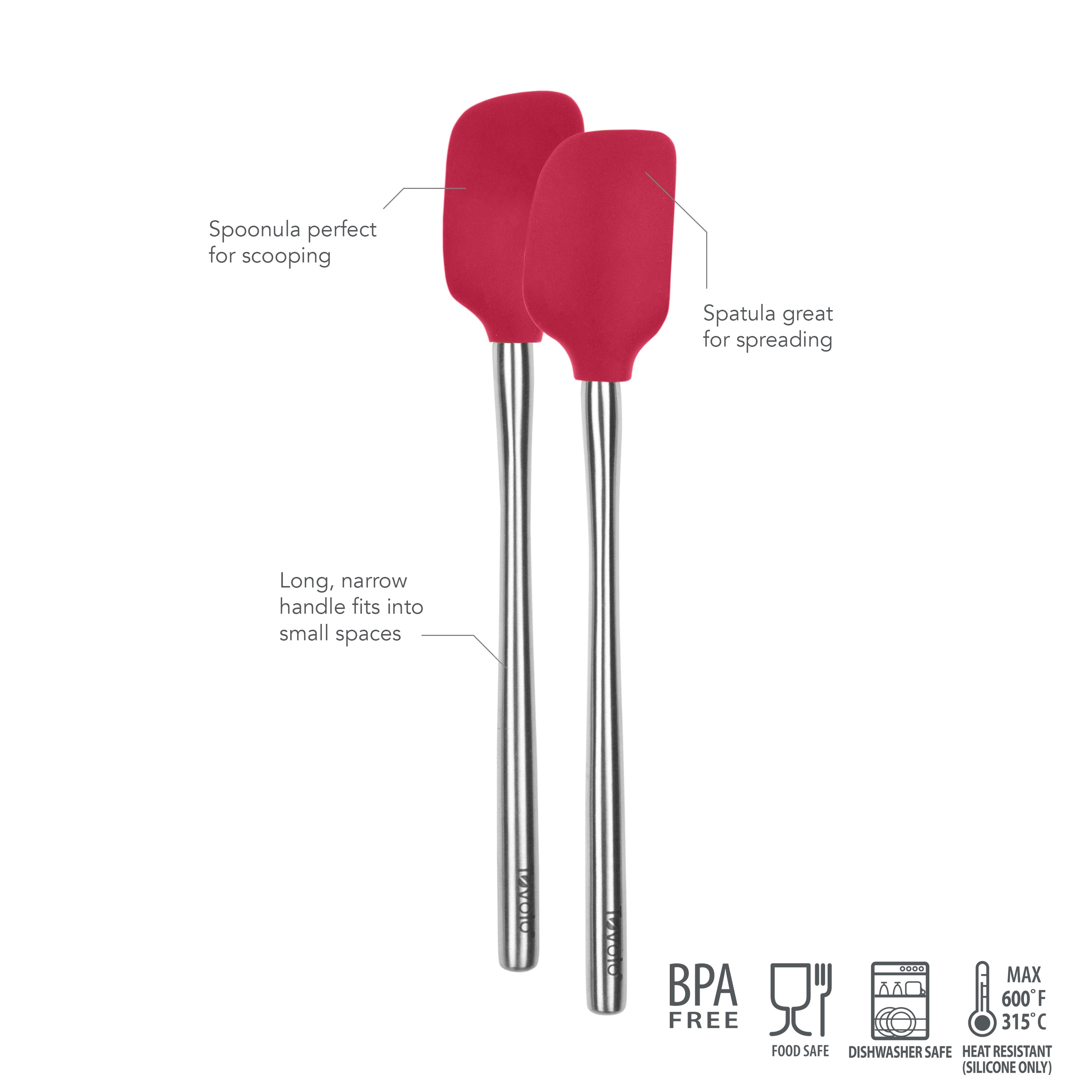 The tovolo Flex-Core Mini Spatula + Spoonula with Stainless Steel Handle features red silicone tools, BPA free, food safe, dishwasher safe, and heat resistant up to 600°F—ideal for scooping and spreading in the kitchen.