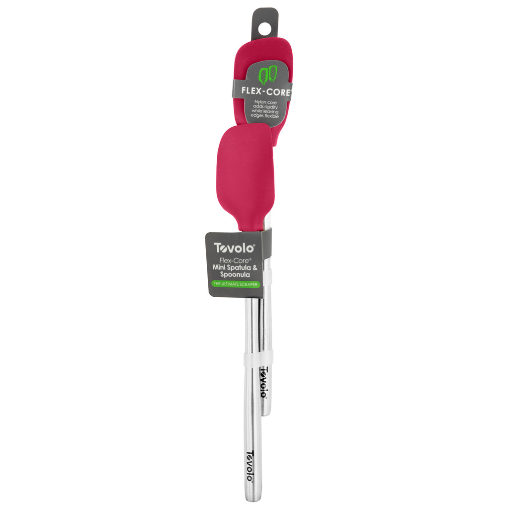 A tovolo Flex-Core Mini Spatula + Spoonula set with stainless steel handles, featuring silicone heads, packaged with a gray and green label.
