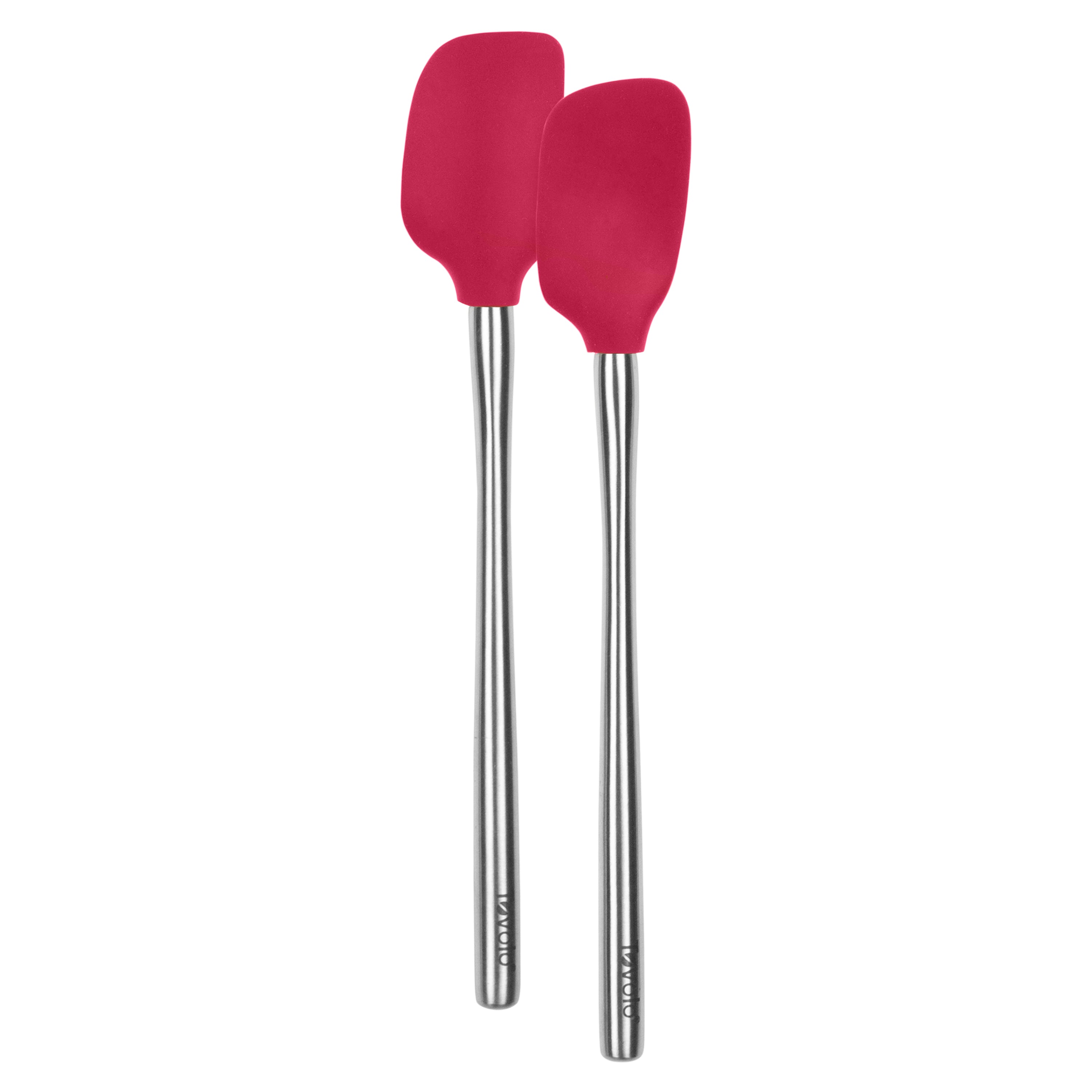 The tovolo Flex-Core Mini Spatula + Spoonula with Stainless Steel Handle are shown side by side, each with a vivid red silicone head set against a clean white background.