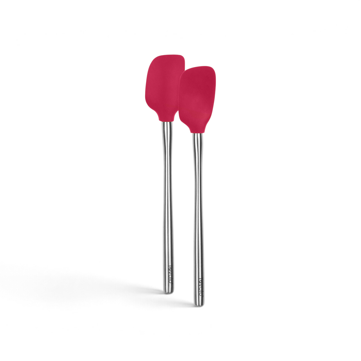 The tovolo Flex-Core Mini Spatula + Spoonula with Stainless Steel Handle are shown side by side, each with a vivid red silicone head set against a clean white background.
