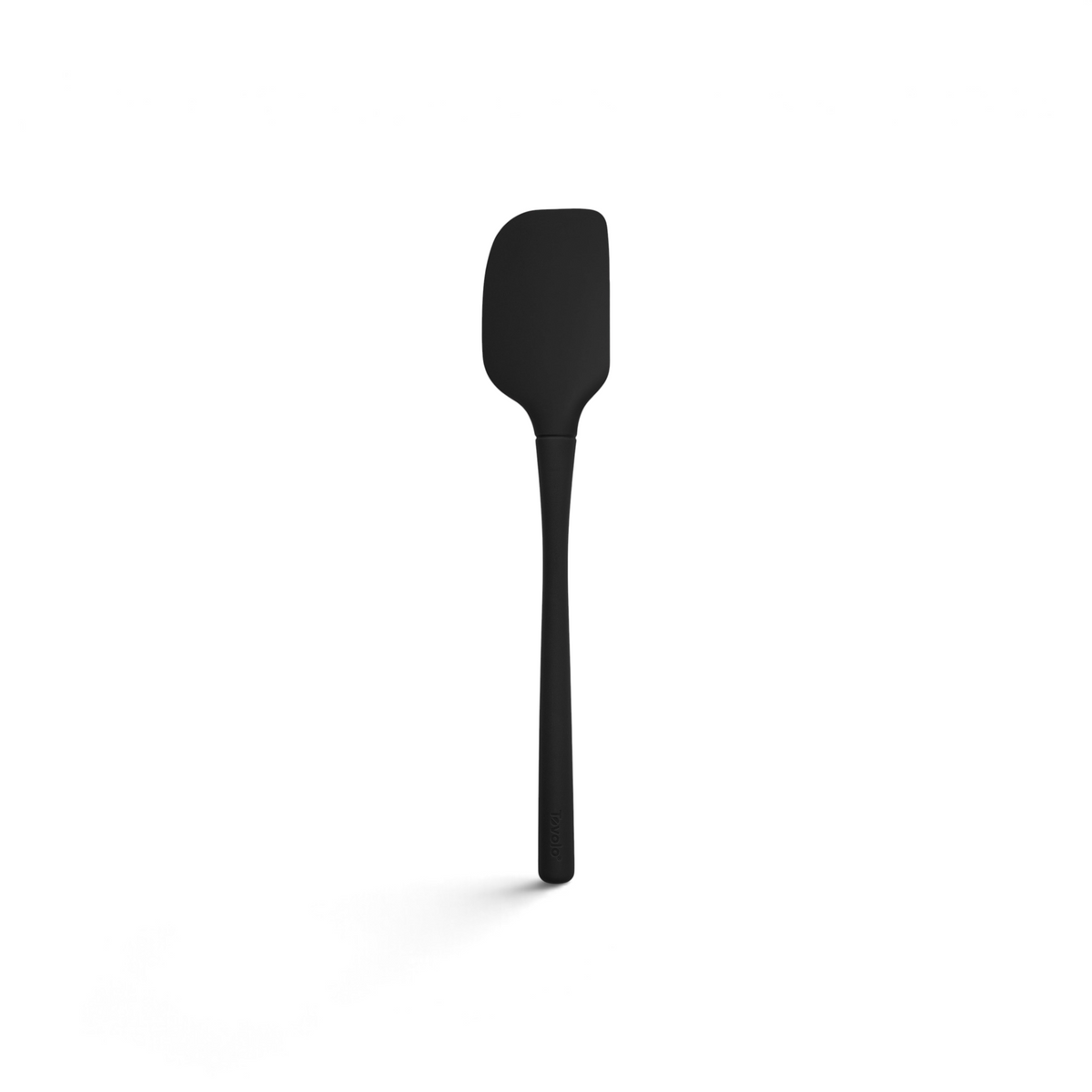 A black tovolo Flex-Core Silicone Spatula with a flat, flexible head and long handle is shown against a white background.