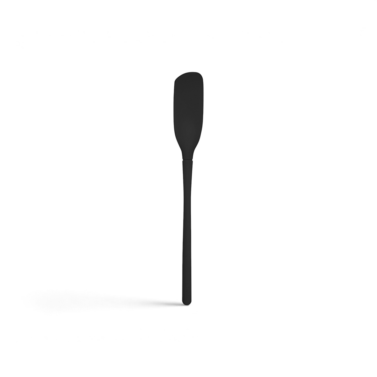 The Flex-Core Blender Spatula is a black silicone tool with a long handle and a rectangular, slightly curved head, ideal for mixing or scraping, shown isolated on a white background.