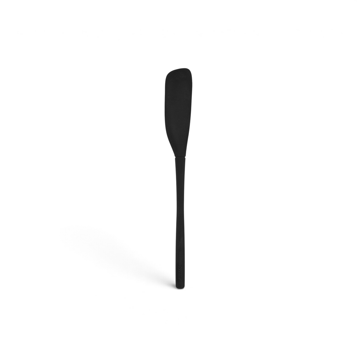 The tovolo Flex-Core Silicone Jar Scraper features a long handle and narrow, rounded black blade, making it ideal for mixing, scraping bowls and pans, or reaching into jars.