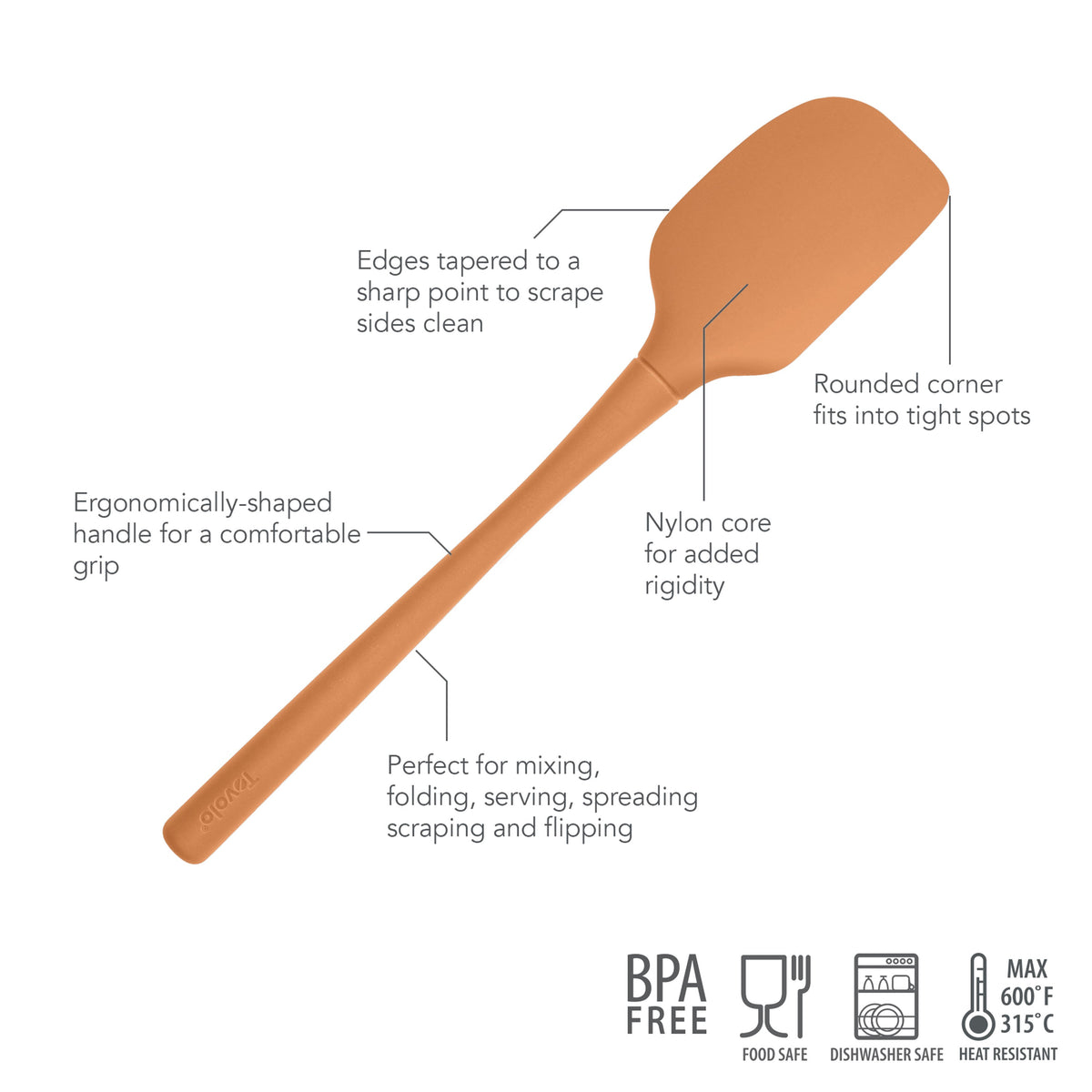 The tovolo Flex-Core Silicone Spatula has a tapered edge, rounded corner, ergonomic handle, and nylon core. BPA-free and heat-resistant, it’s food safe and dishwasher safe—ideal for mixing and scraping.