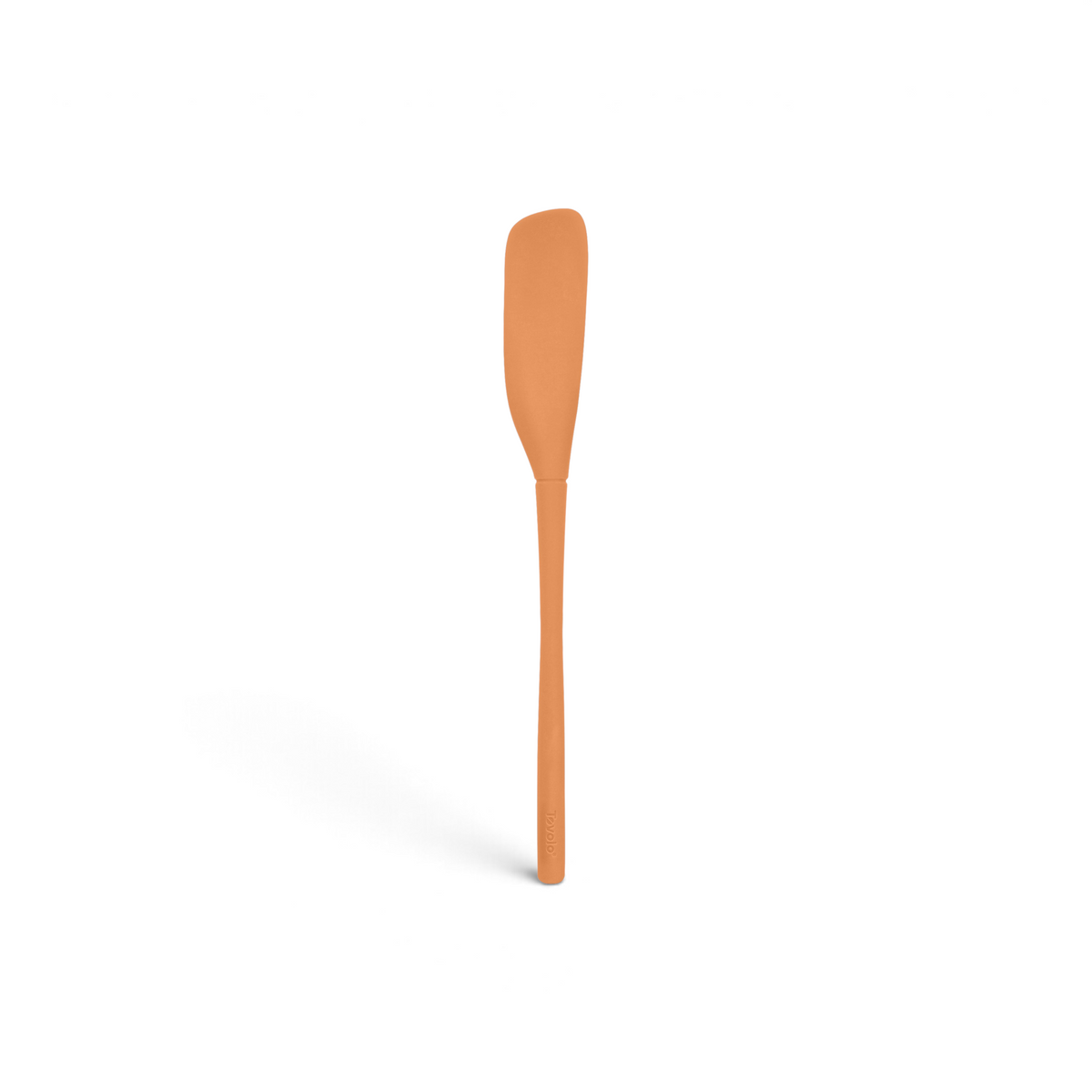 The tovolo Flex-Core Silicone Jar Scraper, featuring a long, narrow orange blade with a slight curve and smooth handle, is an essential kitchen tool shown on a white background.