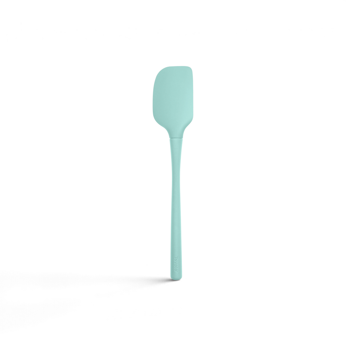 The tovolo Flex-Core Silicone Spatula features a light blue finish, a long handle, and a flexible rectangular head for durable, precise use, shown on a white background.