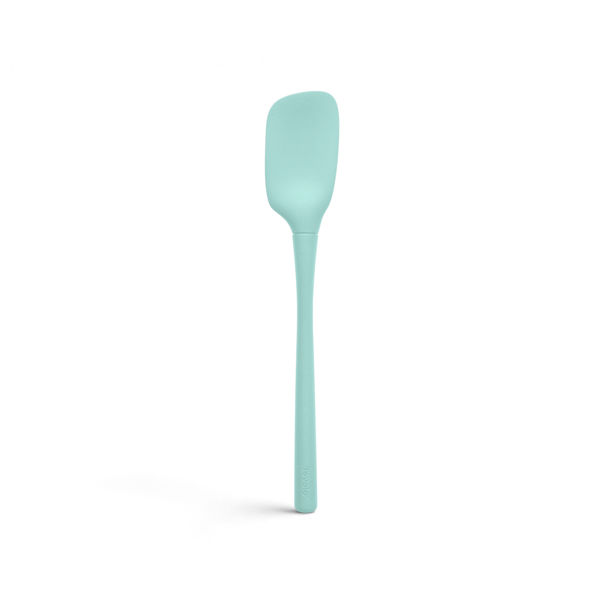 The tovolo Flex-Core Silicone Spoonula in light blue features a rounded rectangular head and long, narrow handle—an essential silicone kitchen tool for mixing and scraping, shown on a white background.
