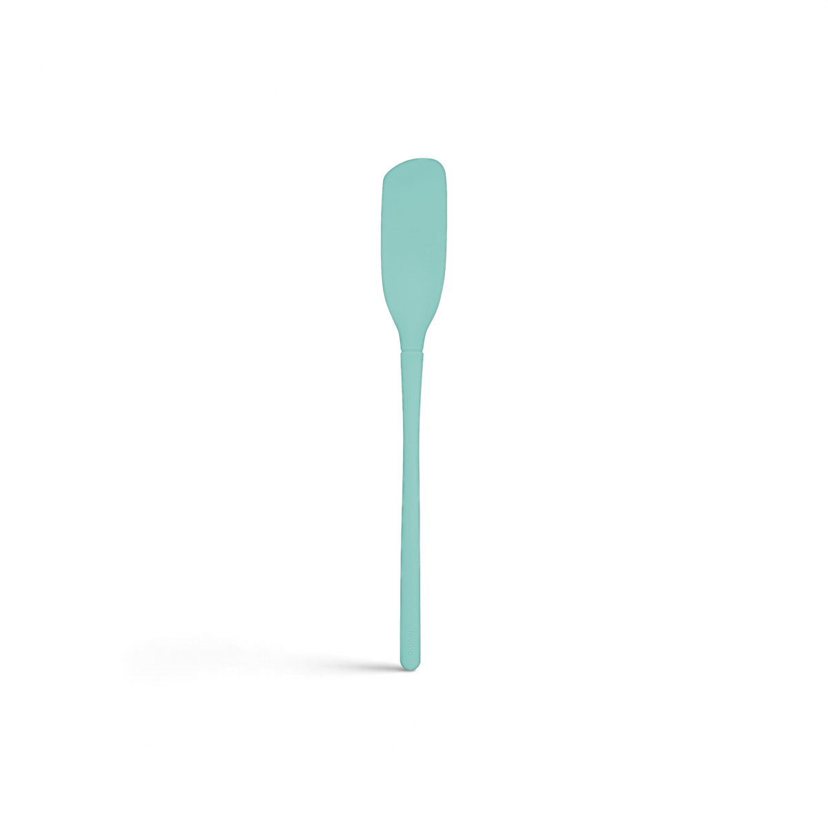 The Flex-Core Blender Spatula features a light blue, long handle and a narrow, slightly curved silicone blade, displayed on a white background.