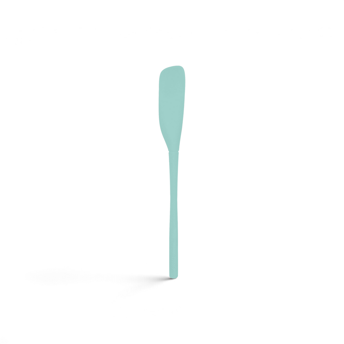 The tovolo Flex-Core Silicone Jar Scraper, in light blue with a long handle and narrow flexible blade, is ideal for mixing, scraping food from containers, and efficiently reaching into jars.