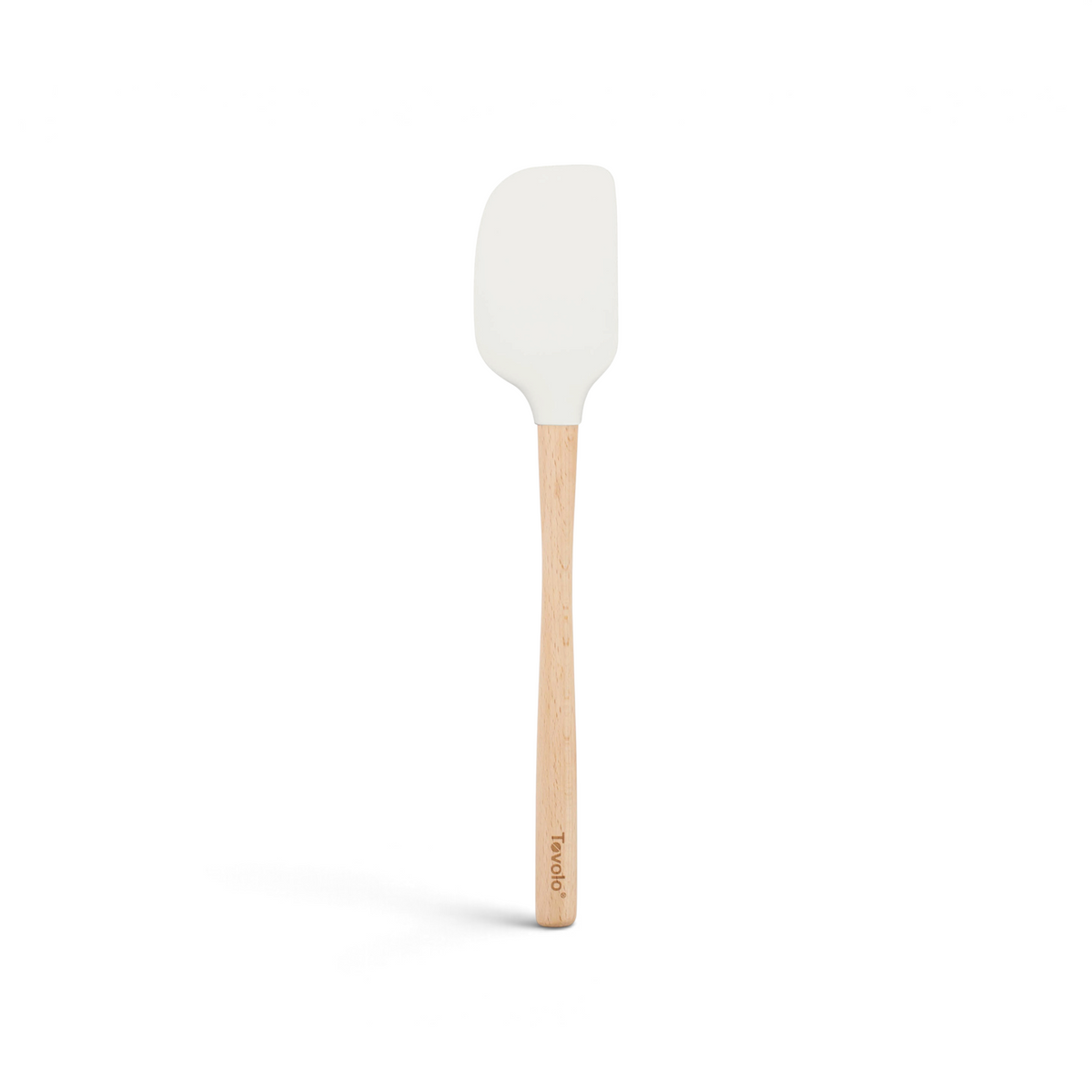 The Flex-Core Spatula features a white flexible head and a light wooden handle, with "Tovolo" printed near the bottom. Its stylish design and durable materials are highlighted against a plain white background.