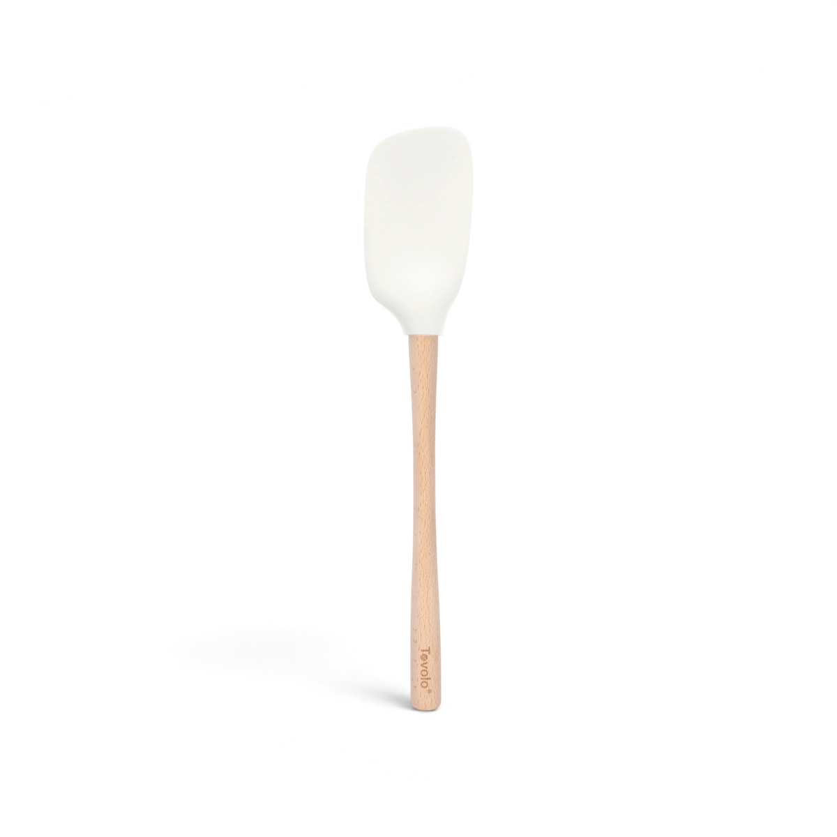 The tovolo Flex-Core Silicone Spoonula, featuring a smooth rectangular silicone head and a long wooden handle, stands upright against a white background.