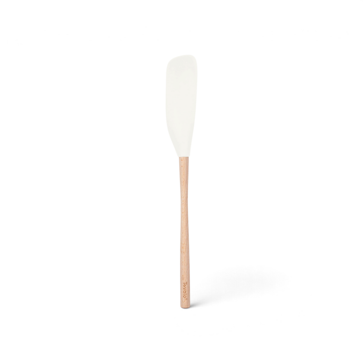 The tovolo Flex-Core Silicone Jar Scraper features a flexible white silicone head and a light wooden handle, ideal for scraping jars. Shown on a white background.