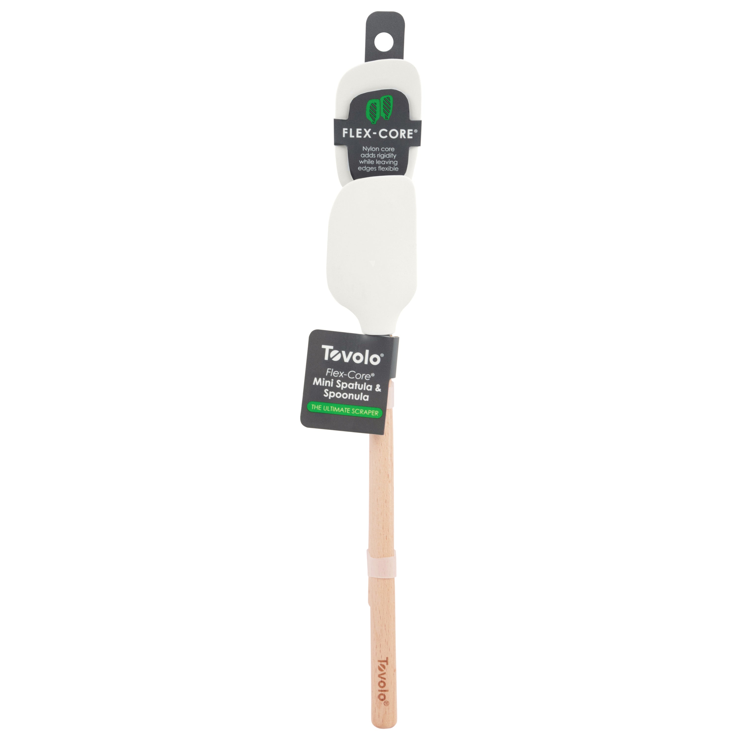 The tovolo Flex-Core Mini Spatula + Spoonula with wood handles features white silicone heads and black labels, shown against a plain white background.
