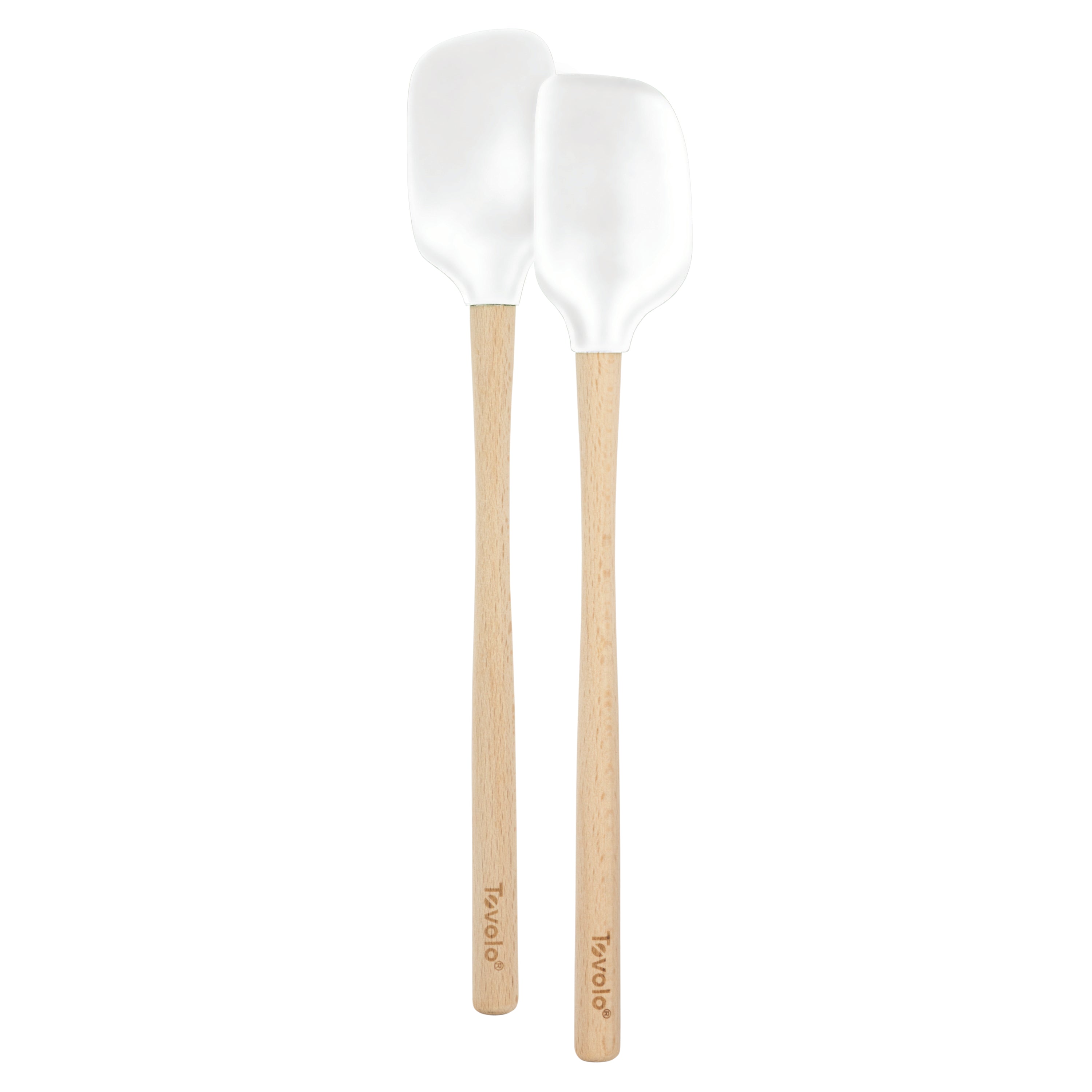 The tovolo Flex-Core Mini Spatula + Spoonula with Wood Handles, featuring white flexible heads and the brand name printed on each handle, are shown side by side on a white background.