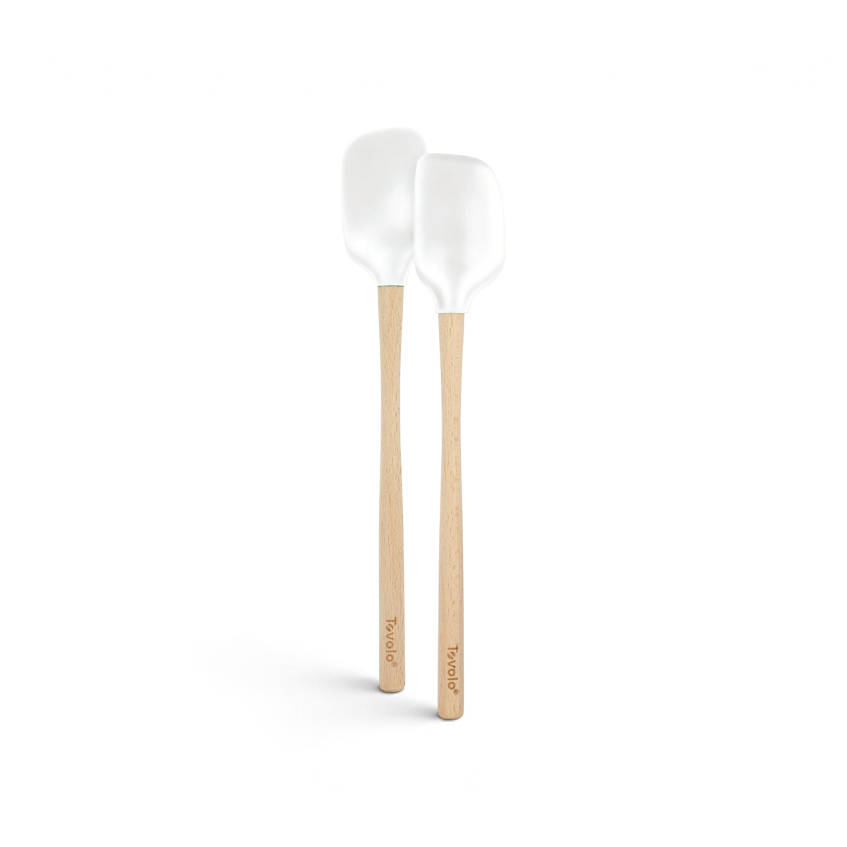 The tovolo Flex-Core Mini Spatula + Spoonula with Wood Handles, featuring white flexible heads and the brand name printed on each handle, are shown side by side on a white background.