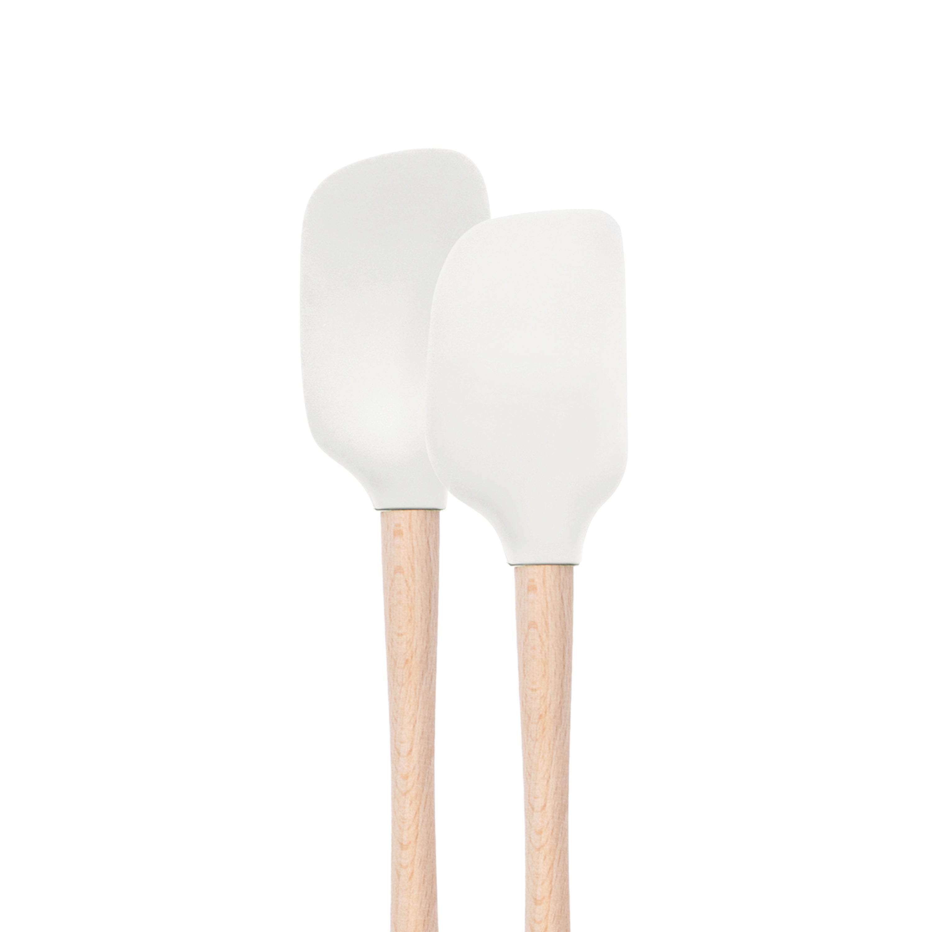 Two white tovolo Flex-Core Mini Spatula + Spoonula with wood handles stand upright side by side against a plain white background.