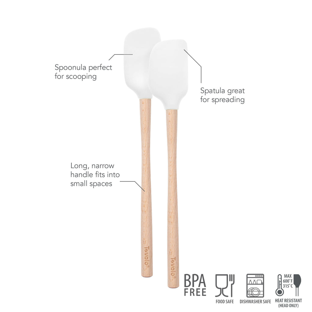 The tovolo Flex-Core Mini Spatula + Spoonula with wood handles features white silicone heads for spreading and scooping. BPA free, food safe, dishwasher safe, and heat resistant.