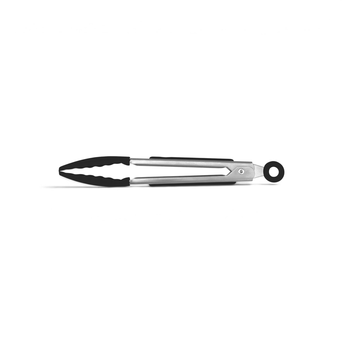 Mini Tongs made of stainless steel with black silicone grips and an easy locking mechanism, displayed against a white background.