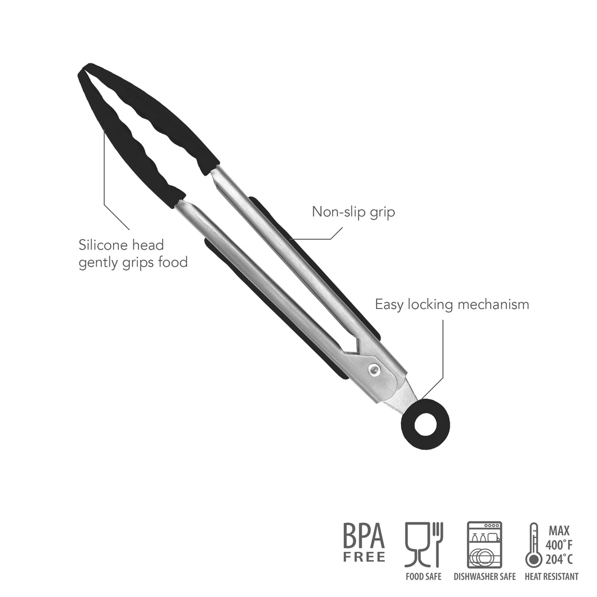 Mini Tongs feature a black silicone head, non-slip grips, and an easy locking mechanism. BPA free, food safe, dishwasher safe, and heat resistant up to 400°F (204°C).