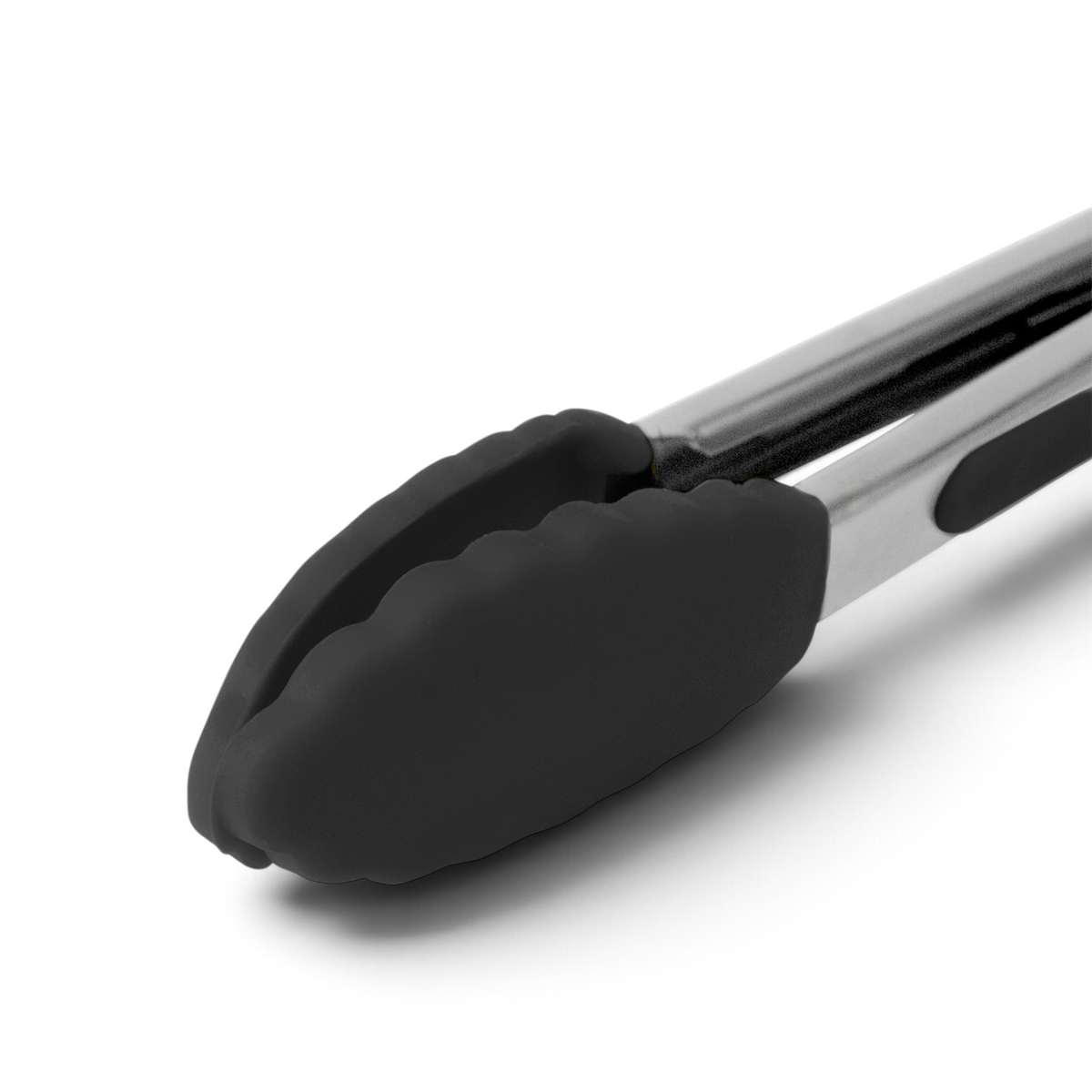 A close-up of Mini Tongs featuring black silicone grips and a sturdy locking mechanism, isolated on a white background.