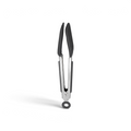 Tovolo Mini Turner Tongs with grey silicone heads and stainless steel arms featuring a locking pull ring